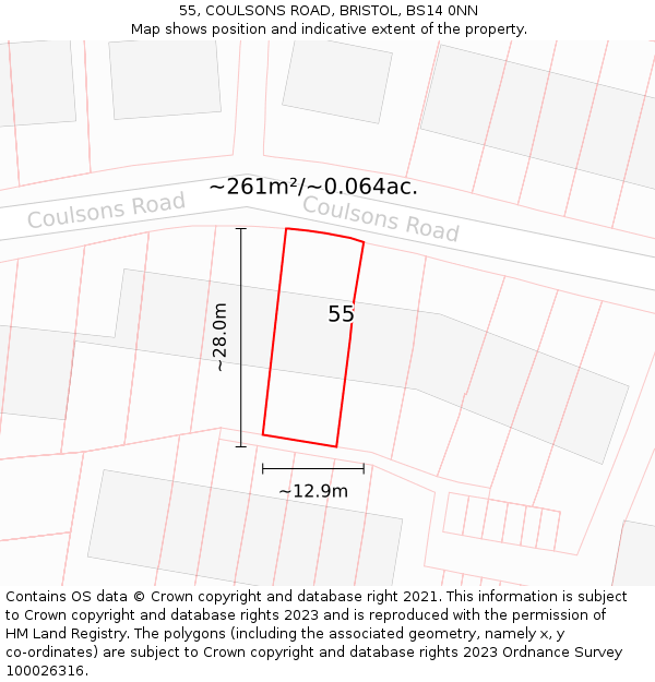 55, COULSONS ROAD, BRISTOL, BS14 0NN: Plot and title map