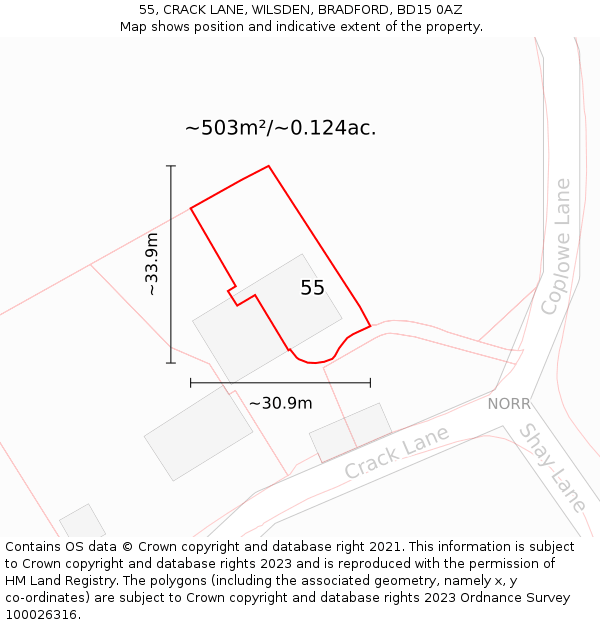 55, CRACK LANE, WILSDEN, BRADFORD, BD15 0AZ: Plot and title map