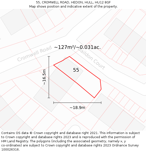 55, CROMWELL ROAD, HEDON, HULL, HU12 8GF: Plot and title map