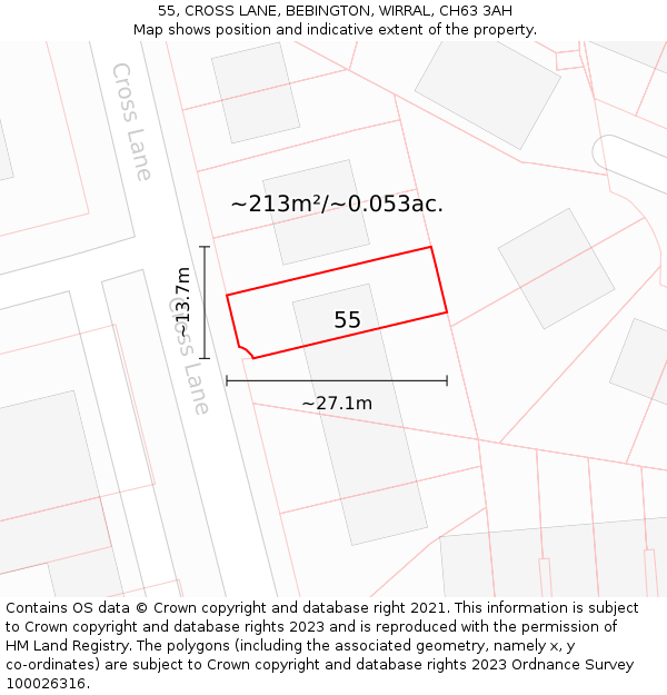 55, CROSS LANE, BEBINGTON, WIRRAL, CH63 3AH: Plot and title map