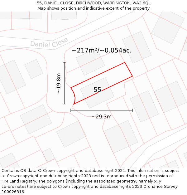 55, DANIEL CLOSE, BIRCHWOOD, WARRINGTON, WA3 6QL: Plot and title map