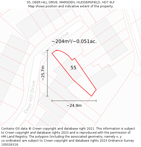 55, DEER HILL DRIVE, MARSDEN, HUDDERSFIELD, HD7 6LF: Plot and title map