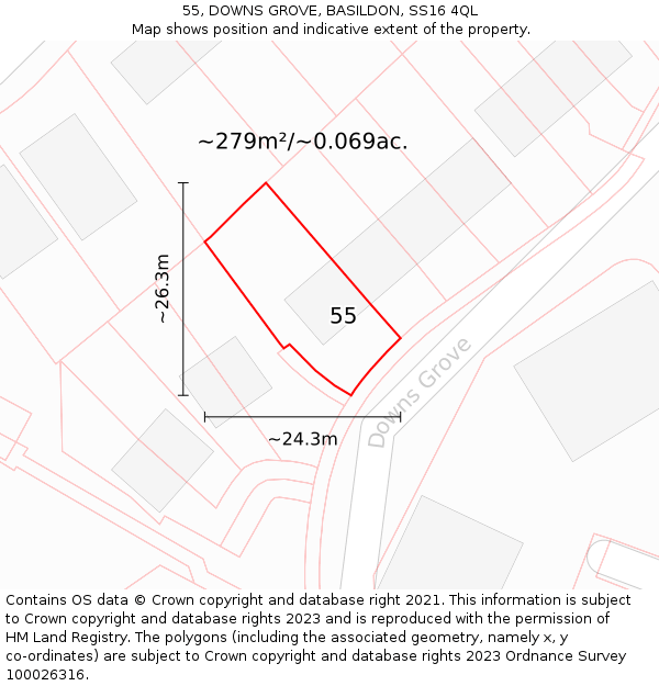 55, DOWNS GROVE, BASILDON, SS16 4QL: Plot and title map