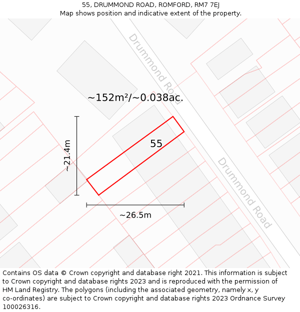 55, DRUMMOND ROAD, ROMFORD, RM7 7EJ: Plot and title map