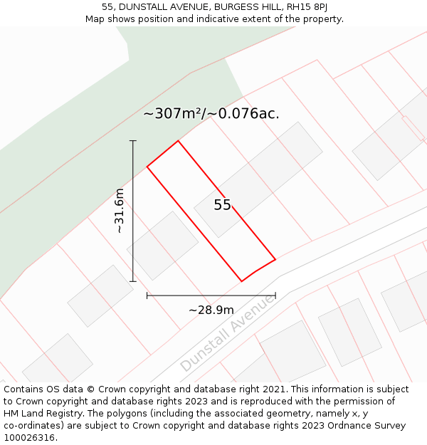 55, DUNSTALL AVENUE, BURGESS HILL, RH15 8PJ: Plot and title map