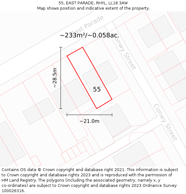 55, EAST PARADE, RHYL, LL18 3AW: Plot and title map