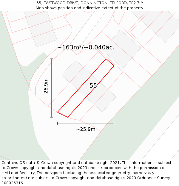 55, EASTWOOD DRIVE, DONNINGTON, TELFORD, TF2 7LY: Plot and title map