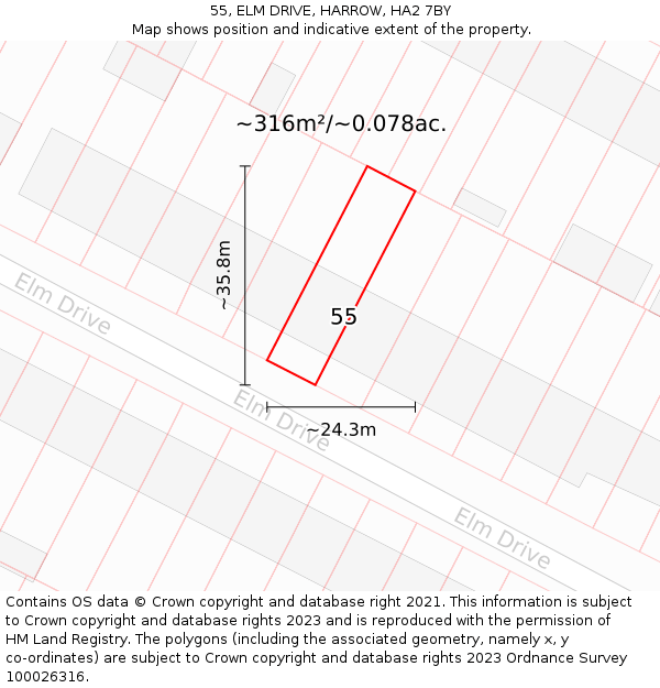 55, ELM DRIVE, HARROW, HA2 7BY: Plot and title map