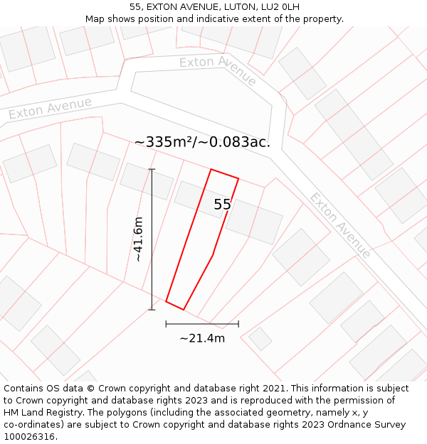 55, EXTON AVENUE, LUTON, LU2 0LH: Plot and title map