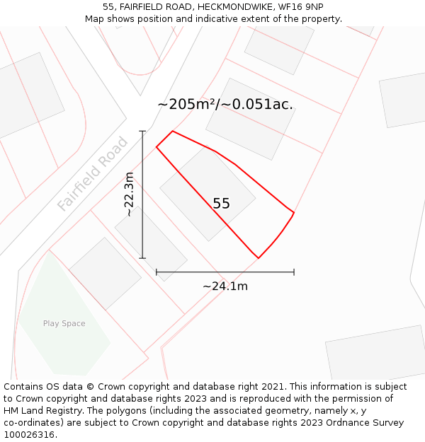 55, FAIRFIELD ROAD, HECKMONDWIKE, WF16 9NP: Plot and title map