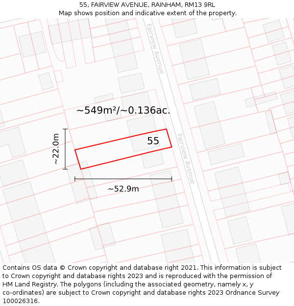 55, FAIRVIEW AVENUE, RAINHAM, RM13 9RL: Plot and title map