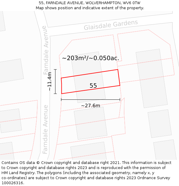 55, FARNDALE AVENUE, WOLVERHAMPTON, WV6 0TW: Plot and title map