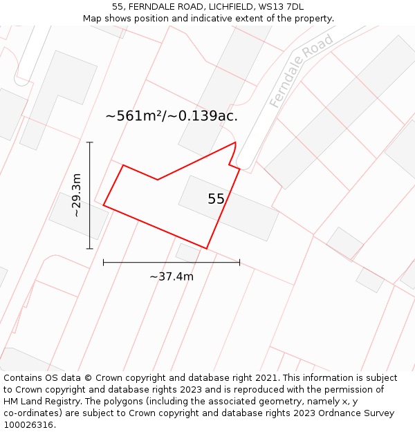 55, FERNDALE ROAD, LICHFIELD, WS13 7DL: Plot and title map