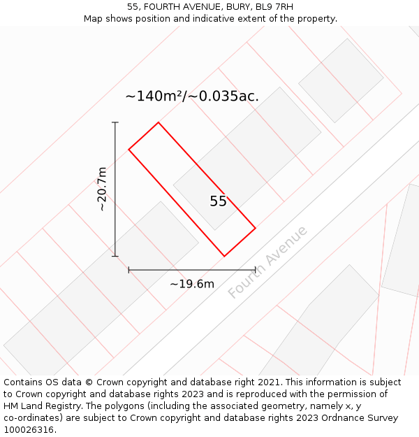 55, FOURTH AVENUE, BURY, BL9 7RH: Plot and title map