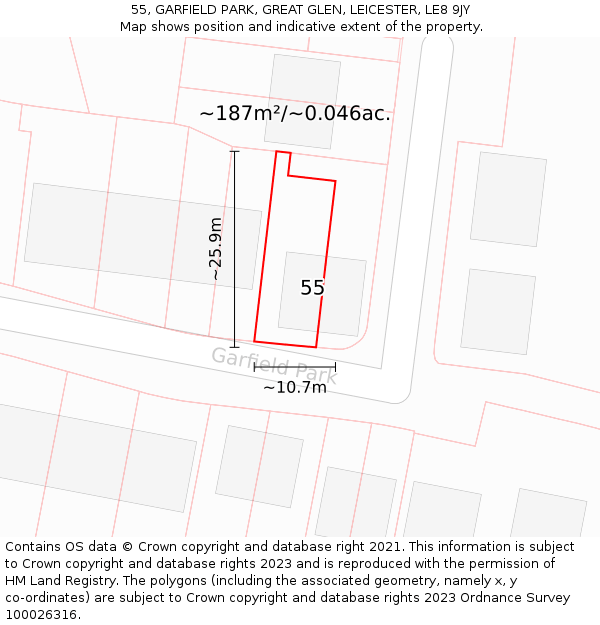 55, GARFIELD PARK, GREAT GLEN, LEICESTER, LE8 9JY: Plot and title map