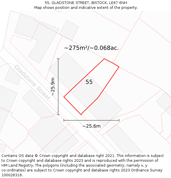 55, GLADSTONE STREET, IBSTOCK, LE67 6NH: Plot and title map