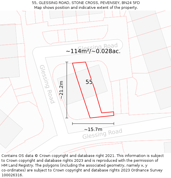 55, GLESSING ROAD, STONE CROSS, PEVENSEY, BN24 5FD: Plot and title map