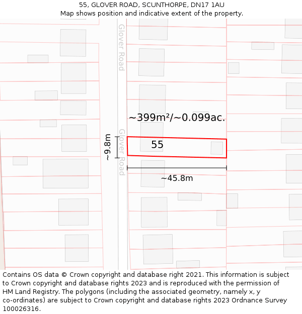 55, GLOVER ROAD, SCUNTHORPE, DN17 1AU: Plot and title map