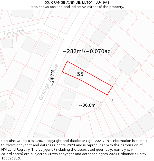 55, GRANGE AVENUE, LUTON, LU4 9AS: Plot and title map