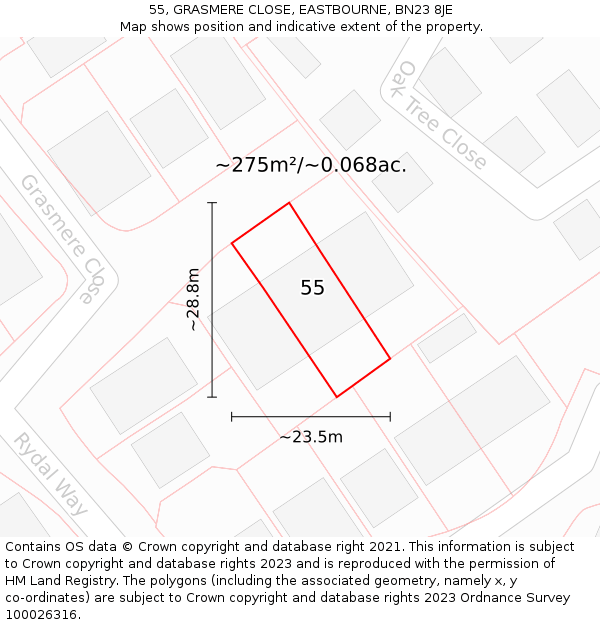 55, GRASMERE CLOSE, EASTBOURNE, BN23 8JE: Plot and title map