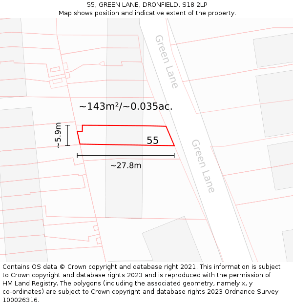 55, GREEN LANE, DRONFIELD, S18 2LP: Plot and title map