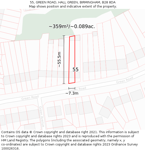 55, GREEN ROAD, HALL GREEN, BIRMINGHAM, B28 8DA: Plot and title map