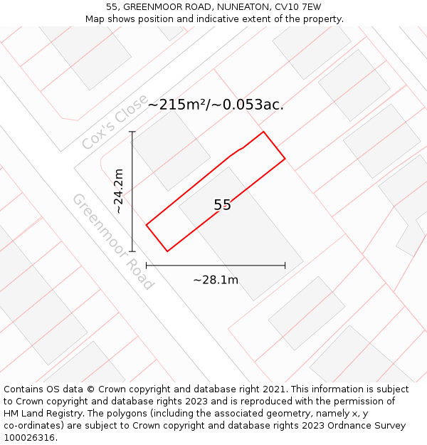 55, GREENMOOR ROAD, NUNEATON, CV10 7EW: Plot and title map