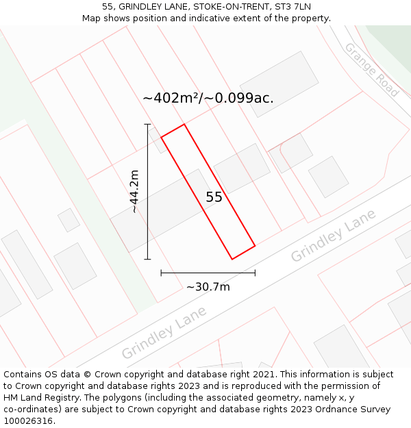 55, GRINDLEY LANE, STOKE-ON-TRENT, ST3 7LN: Plot and title map