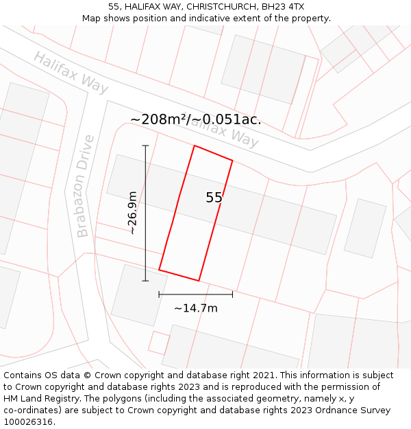 55, HALIFAX WAY, CHRISTCHURCH, BH23 4TX: Plot and title map