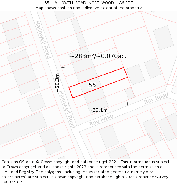 55, HALLOWELL ROAD, NORTHWOOD, HA6 1DT: Plot and title map