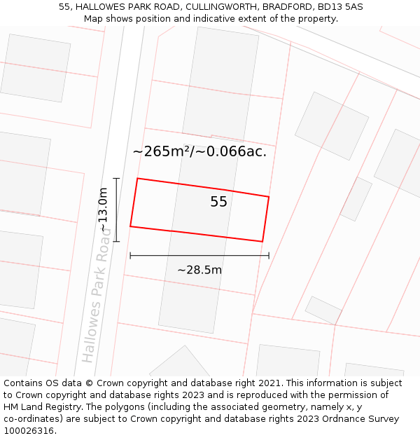 55, HALLOWES PARK ROAD, CULLINGWORTH, BRADFORD, BD13 5AS: Plot and title map