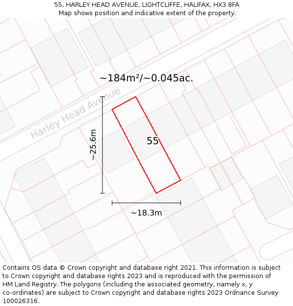 55, HARLEY HEAD AVENUE, LIGHTCLIFFE, HALIFAX, HX3 8FA: Plot and title map