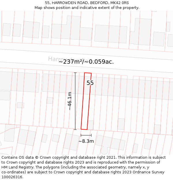 55, HARROWDEN ROAD, BEDFORD, MK42 0RS: Plot and title map