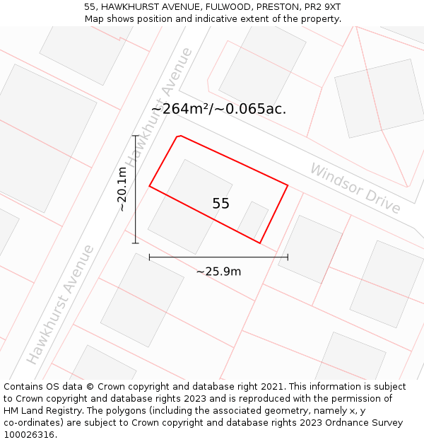 55, HAWKHURST AVENUE, FULWOOD, PRESTON, PR2 9XT: Plot and title map