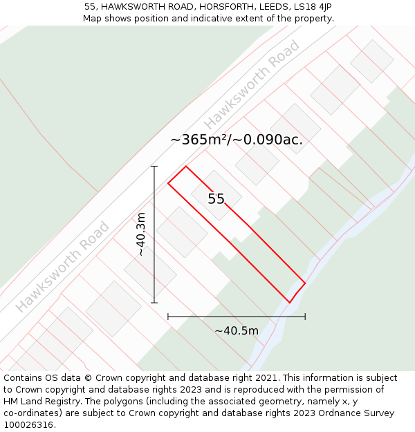 55, HAWKSWORTH ROAD, HORSFORTH, LEEDS, LS18 4JP: Plot and title map