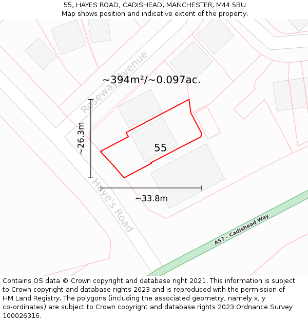 55, HAYES ROAD, CADISHEAD, MANCHESTER, M44 5BU: Plot and title map