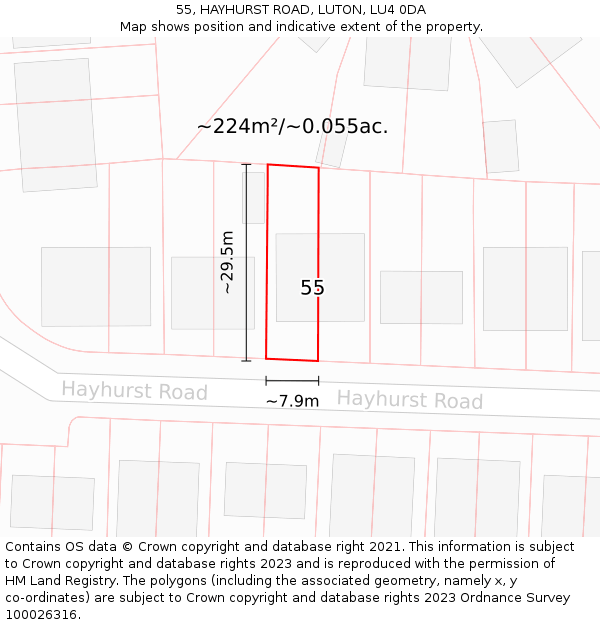 55, HAYHURST ROAD, LUTON, LU4 0DA: Plot and title map