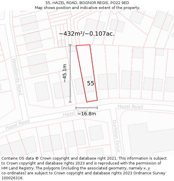 55, HAZEL ROAD, BOGNOR REGIS, PO22 9ED: Plot and title map