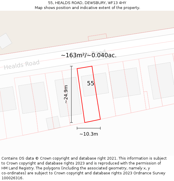 55, HEALDS ROAD, DEWSBURY, WF13 4HY: Plot and title map