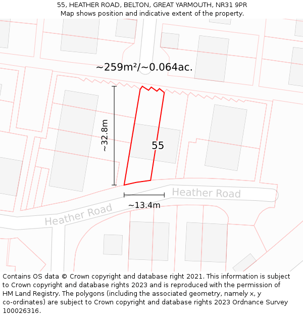 55, HEATHER ROAD, BELTON, GREAT YARMOUTH, NR31 9PR: Plot and title map