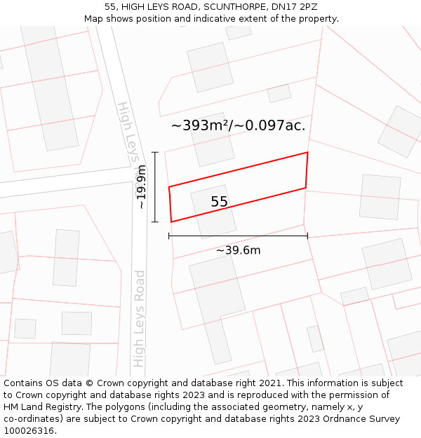 55, HIGH LEYS ROAD, SCUNTHORPE, DN17 2PZ: Plot and title map