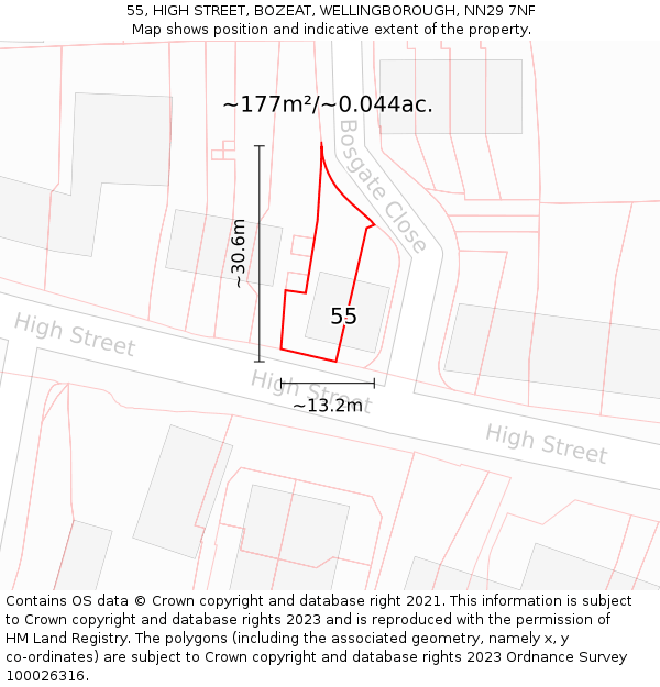 55, HIGH STREET, BOZEAT, WELLINGBOROUGH, NN29 7NF: Plot and title map