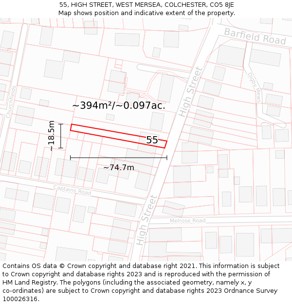 55, HIGH STREET, WEST MERSEA, COLCHESTER, CO5 8JE: Plot and title map