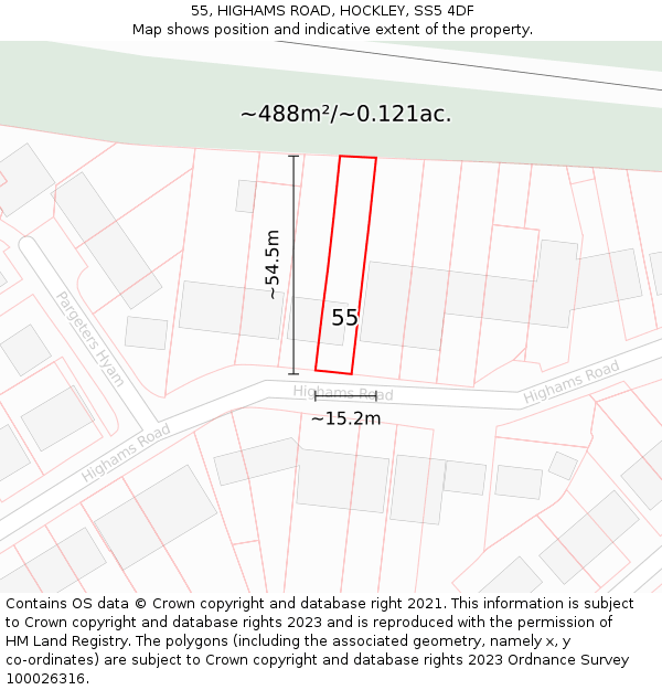 55, HIGHAMS ROAD, HOCKLEY, SS5 4DF: Plot and title map