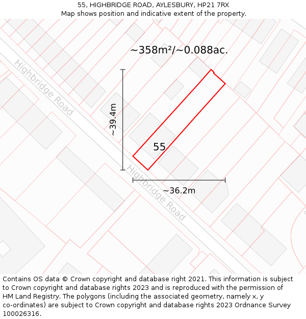 55, HIGHBRIDGE ROAD, AYLESBURY, HP21 7RX: Plot and title map