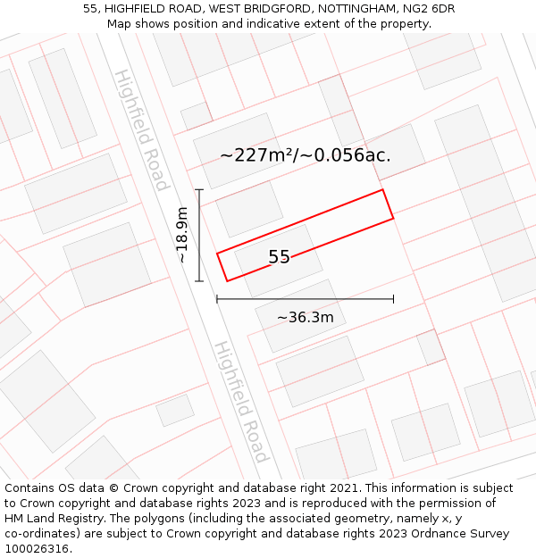 55, HIGHFIELD ROAD, WEST BRIDGFORD, NOTTINGHAM, NG2 6DR: Plot and title map