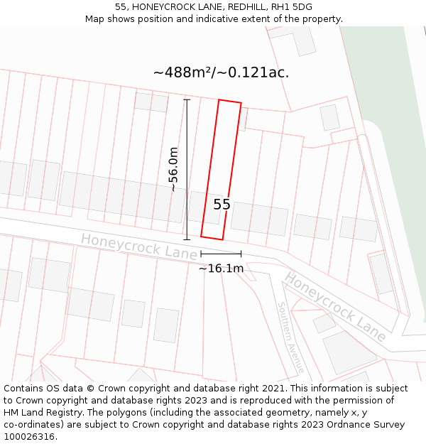 55, HONEYCROCK LANE, REDHILL, RH1 5DG: Plot and title map