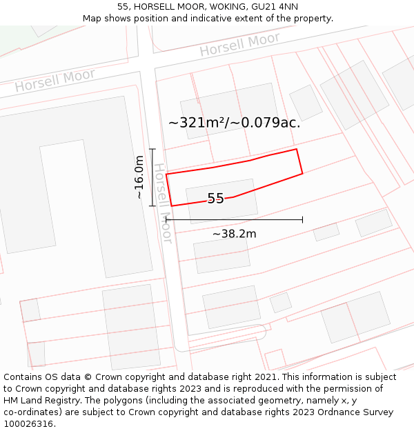 55, HORSELL MOOR, WOKING, GU21 4NN: Plot and title map