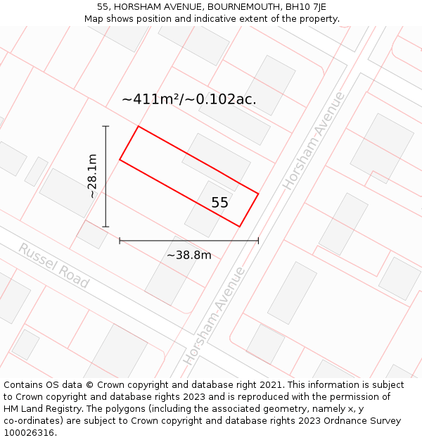 55, HORSHAM AVENUE, BOURNEMOUTH, BH10 7JE: Plot and title map