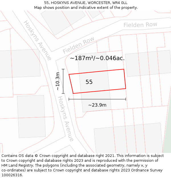 55, HOSKYNS AVENUE, WORCESTER, WR4 0LL: Plot and title map